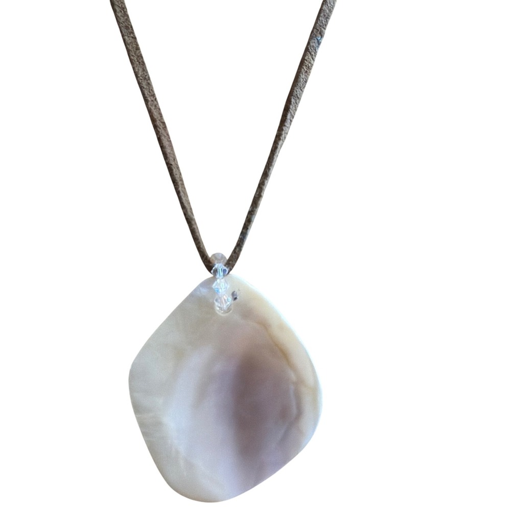 Natural Mother of Pearl Shell Pendant Necklace Brown Cord Adjustable Coastal
